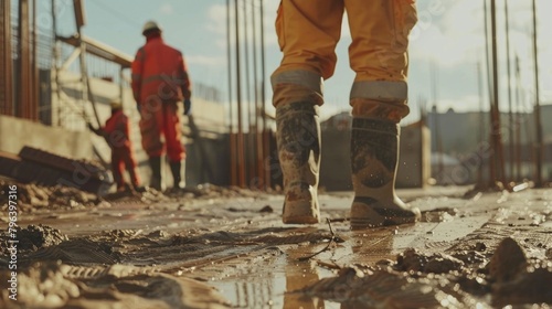 Two construction workers navigating through mud. Useful for construction industry projects