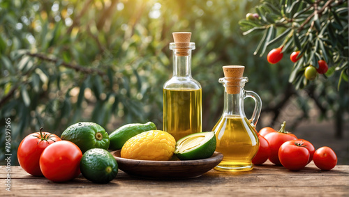 Background of cooking ingredients. Olive oil and fresh vegetables and fruits on a wooden table