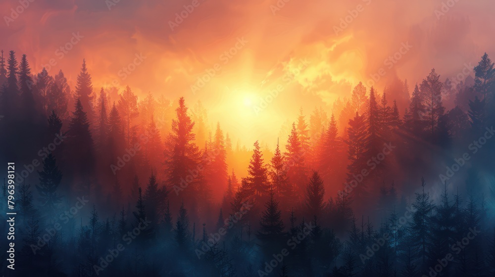 Illustration of the first light of sunrise gently breaking through a misty, serene forest Illustration of the first light of sunrise gently breaking through a misty, serene forest