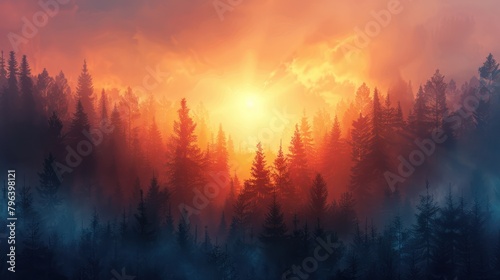 Illustration of the first light of sunrise gently breaking through a misty, serene forest
