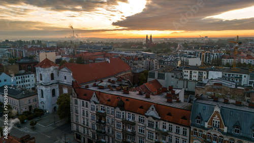 aerial view of the center of Poznan in Poland at dawn in spring