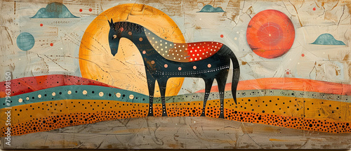 A painting of a black horse with red and white blanket standing in a desert landscape with two suns and clouds in the background photo