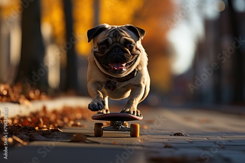 A pug skates along the sidewalks of the park. © Niko_Dali