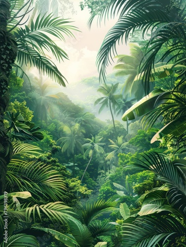 Illustration of the view from above a lush rainforest canopy, showcasing the rich biodiversity and vibrant greenery
