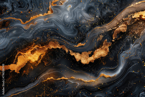  A top-down view of dark marble with golden veins  resembling an alien landscape. Created with Ai