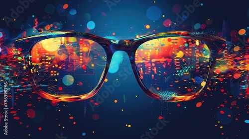Glasses with transparent lenses through which you can see a colorful night panorama of the city. The viewer has the perspective of looking through the glasses. The lenses reflect the lively, bright l