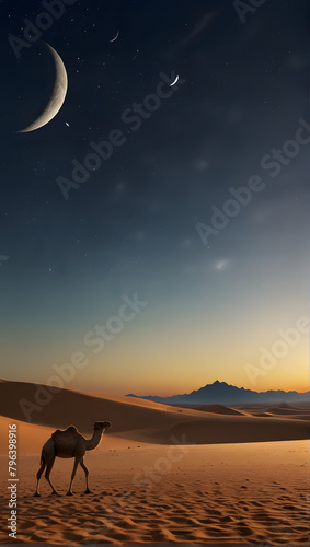 desert scene under a crescent moon. A camel, adorned with a decorative saddle, stands gracefully against the backdrop of a tranquil and picturesque sunset that fades into a starry night sky