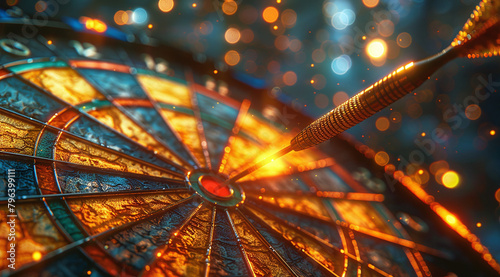 Close-up of a dart hitting the bullseye on a colorful dartboard, with a blurred background of sparkling lights. photo