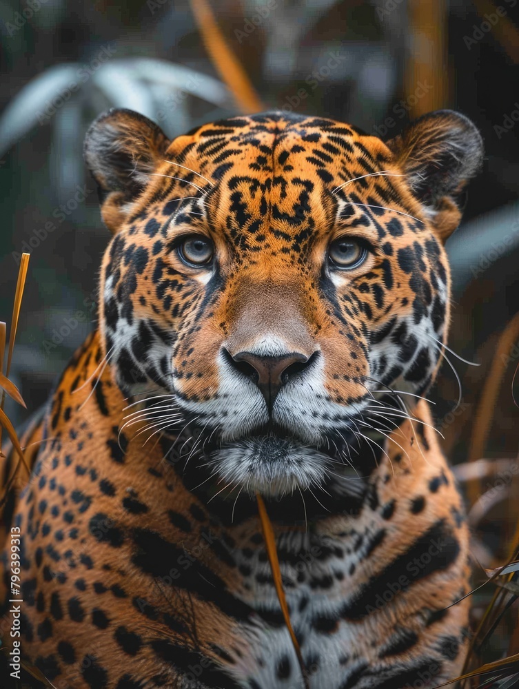 Naklejka premium Jaguar in the water on the river. Green natural jungle background. Panthera onca.