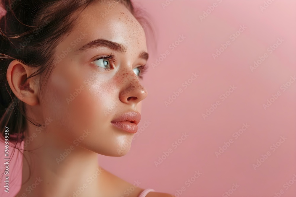 Radiant Young Woman with Clear Skin on Pink Background: Beauty and Skincare Concept. Concept Beauty, Skincare, Young Woman, Clear Skin, Pink Background Radiant Young Woman with Clear Skin on Pink Background: Beauty and Skincare Concept. Concept Beauty, Skincare, Young Woman, Clear Skin, Pink Background