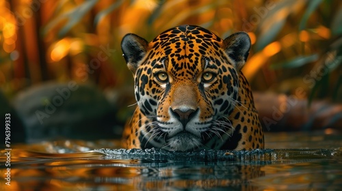 Jaguar in the water on the river. Green natural jungle background. Panthera onca.