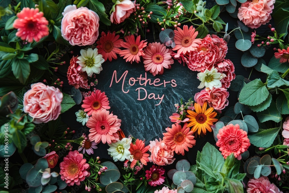 Mothers Day heart shaped greeting with an arrangement of beautiful flower. Mothers Day heart shaped greeting with an arrangement of beautiful flower.