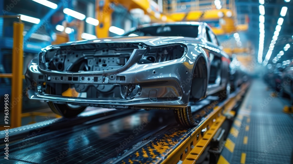 Car body on an automotive assembly line in a factory before paint is applied. Movement of vehicles along the production line at the plant.