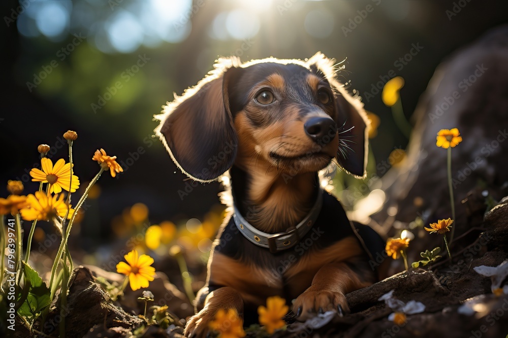 portrait of a small dachshund in yellow flowers, backlight on the dog. portrait of a small dachshund in yellow flowers, backlight on the dog.