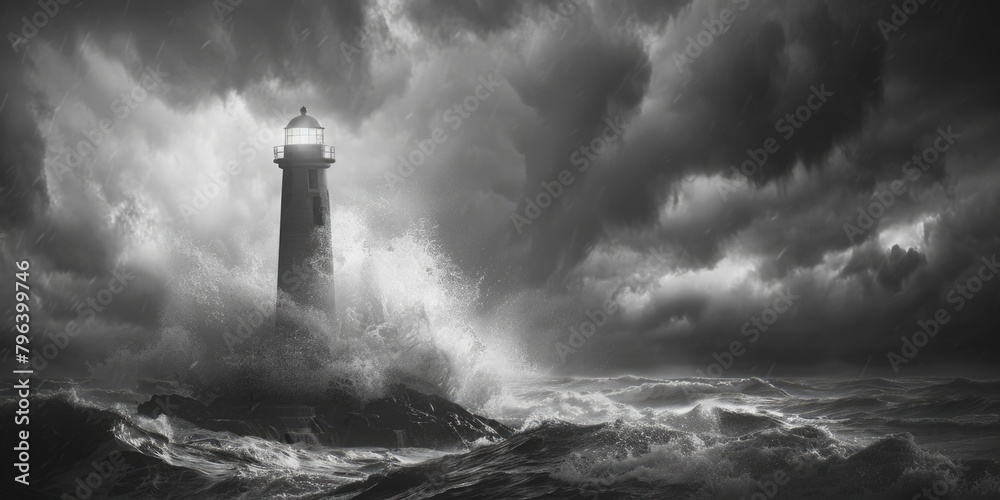 A black and white photo of a lighthouse on a stormy day. Suitable for weather-related concepts