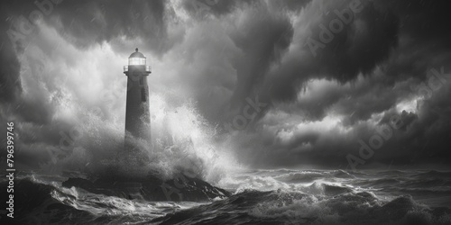 A black and white photo of a lighthouse on a stormy day. Suitable for weather-related concepts