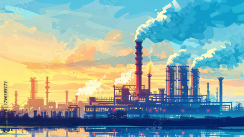 Stylized concept art of an industrial landscape with factories and smoke plumes in a colorful  abstract style.