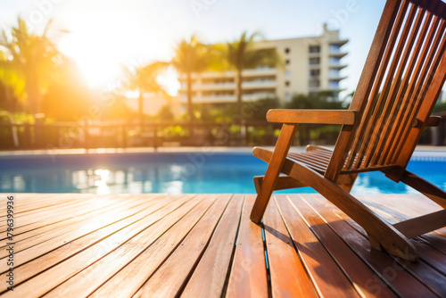 Wooden lounger chair beside swimming pool in hotel resort with sun light