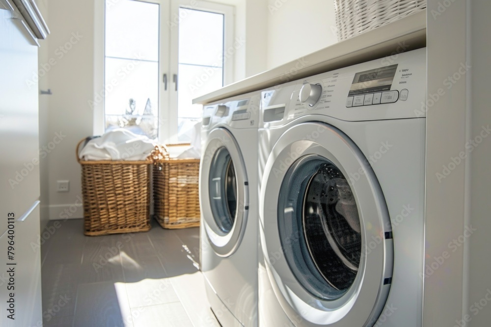 A washer and dryer in a laundry room, perfect for household appliance concepts A washer and dryer in a laundry room, perfect for household appliance concepts