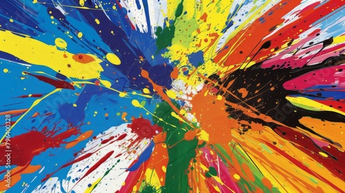 Vibrant paint splatters burst from the canvas creating a dynamic and captivating piece.