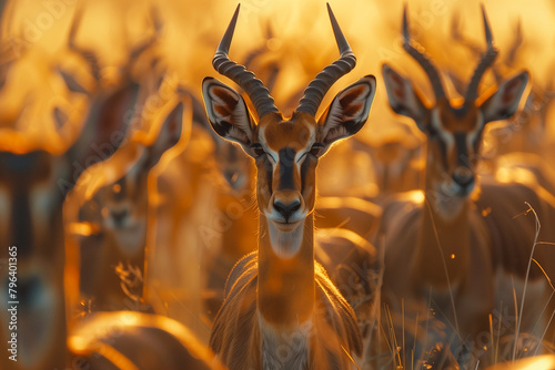 A herd of antelope in the savannah, captured with an ultrawideangle lens at sunset
