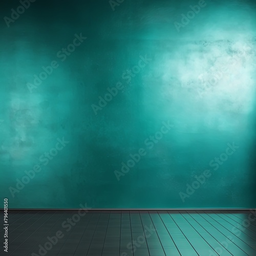 Teal foil metallic wall with glowing shiny light  abstract texture background blank empty with copy space