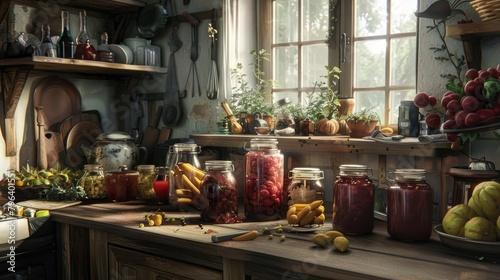 A kitchen counter with a variety of jars and bottles  including pickles