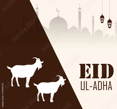 Eid Al Adha mubarak with cute Goat animal, The holiday occurs after the culmination of the annual Hajj. Feast of the Sacrifice.