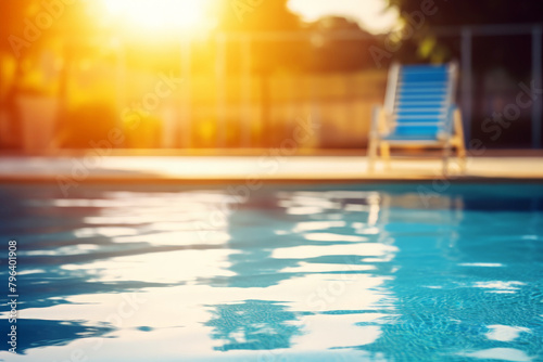 Swimming pool with sun flare and blue deck chair in summer
