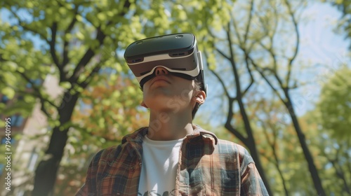 Young man touch screen with virtual reality in outdoor park. VR headset glasses device. nature outdoors background. people and technology concept, generative ai