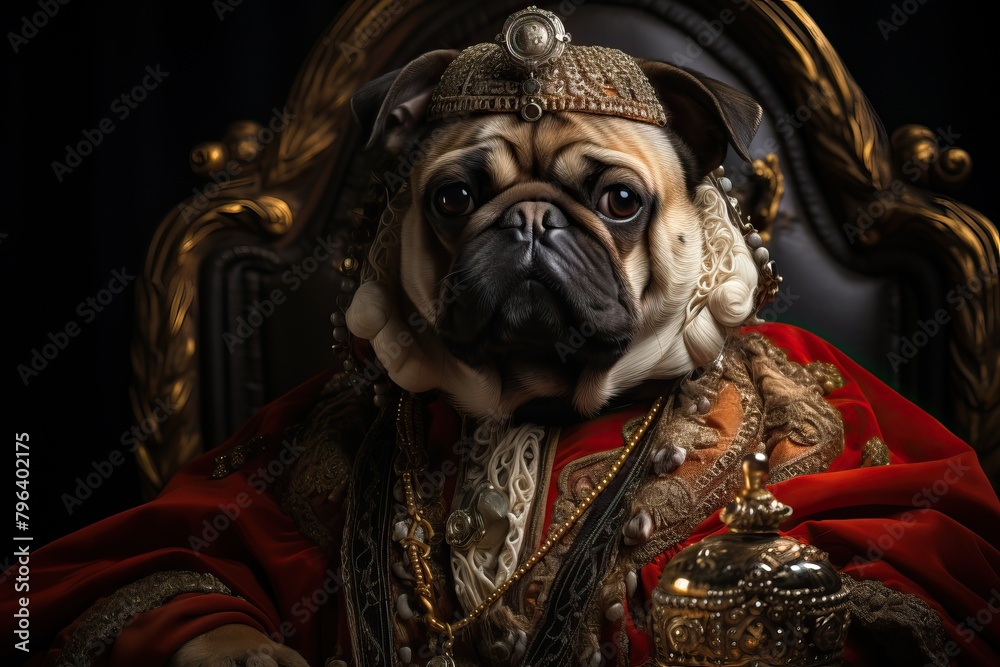 Obraz premium A pug in the style of a king sits on a throne.