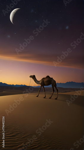 desert scene under a crescent moon. A camel, adorned with a decorative saddle, stands gracefully against the backdrop of a tranquil and picturesque sunset that fades into a starry night sky