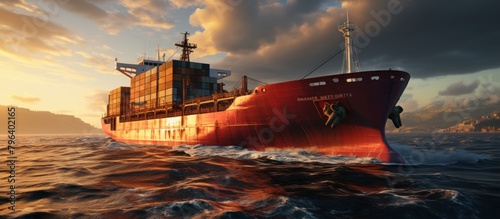 Cargo ship in the sea at sunset photo