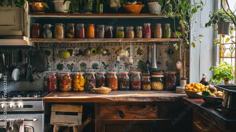 A kitchen with a lot of jars and bottles on the counter