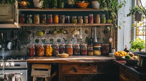 A kitchen with a lot of jars and bottles on the counter