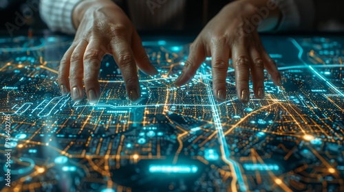 A pair of hands are on a computer screen, typing on a map. The map is filled with glowing lines and dots, giving the impression of a futuristic city. Scene is one of excitement and possibility