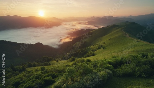 "Sunset Serenade: Fog-Kissed Peaks in Summer's Embrace" 