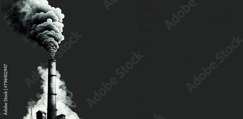 Ecology pollution, smoke from a pipe on a black background, graphic isolate. AI generated.