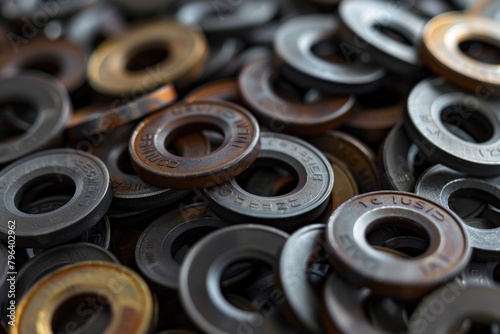 A close-up view of a pile of metal washers. Perfect for industrial and construction projects