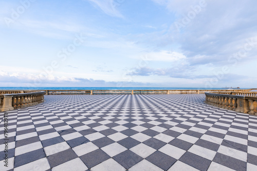 Livorno, Italy. Famous Mascagni Terrace - Terrazza Mascagni - with chess geometry pattern pavement photo