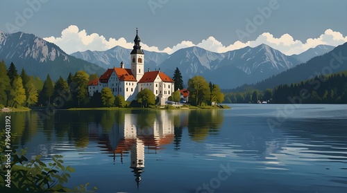  simple vector illustration, Lake Bled, Slovenia. Beautiful lake Blad landscape. The pilgrimage church dedicated to the Assumption of Mary on Bled island. Famous tour.generative.a.i