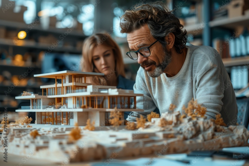 Fototapeta premium Senior architect with glasses discussing the building model with a younger assistant