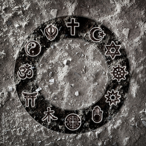 Symbols of various world religions on gray textured earth background