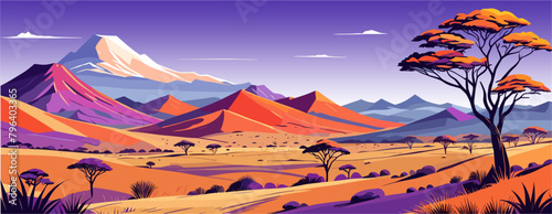 A beautiful african savanna landscape with mountains and a tree in the foreground. Colorful desert panorama. Vector illustration  banner.