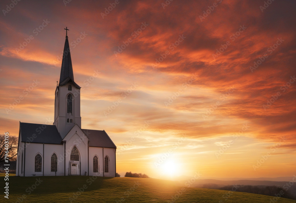 The sunset sky Red Sun and beautiful light with a church.