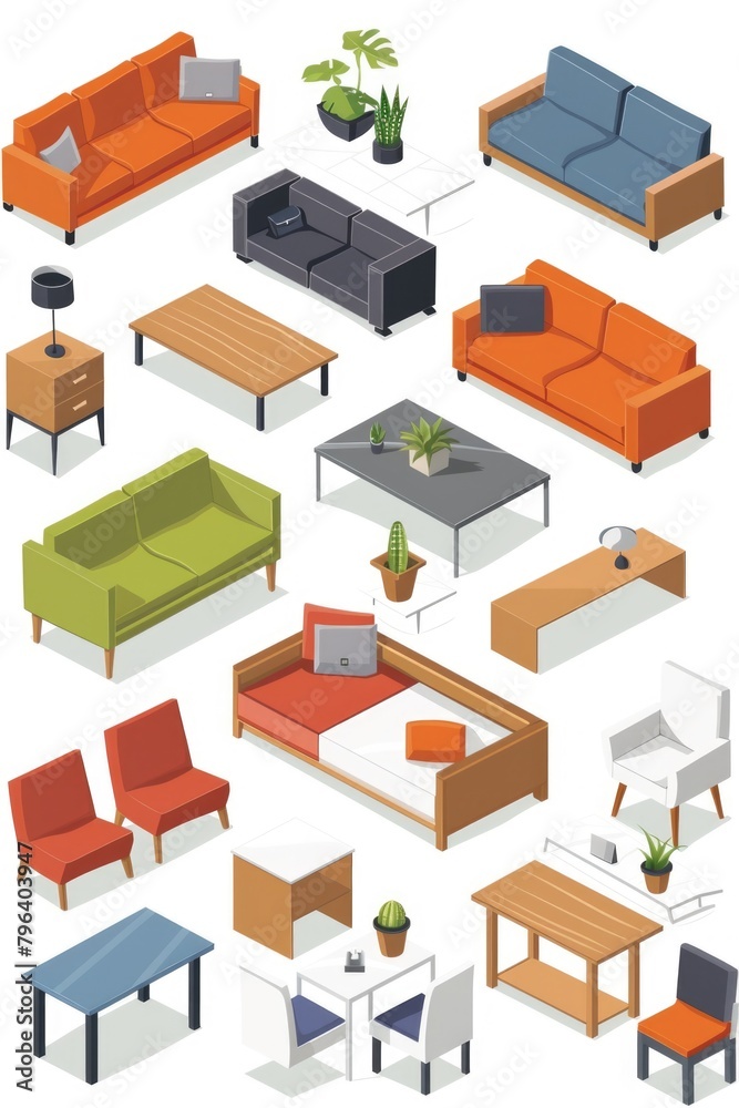 Assortment of different types of sofas and tables, suitable for furniture stores or interior design concepts