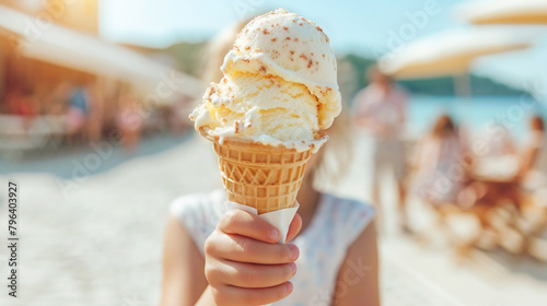 Happy smiling little girl holding in hand scoop of crave-worthy creamy vanilla ice cream in waffle cone. Beach sea