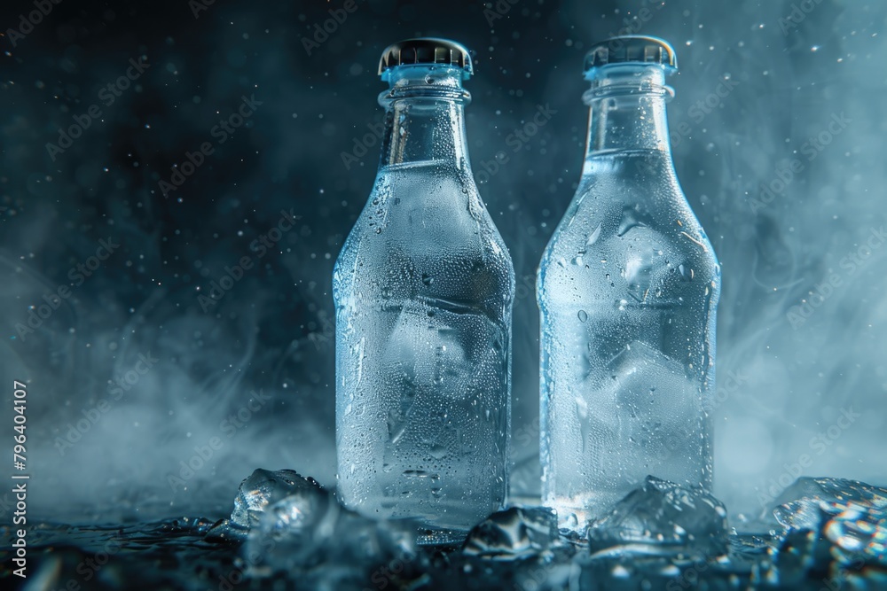 Two bottles of water sitting on top of ice. Perfect for summer refreshment concepts Two bottles of water sitting on top of ice. Perfect for summer refreshment concepts