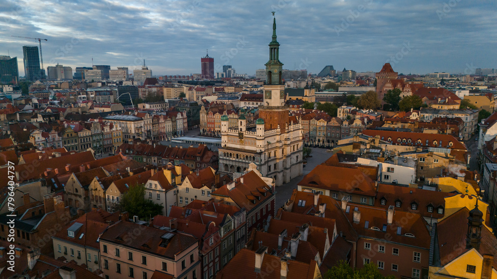 aerial view of the center of Poznan in Poland at dawn in spring