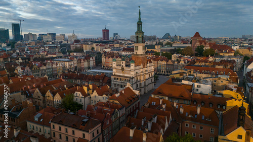 aerial view of the center of Poznan in Poland at dawn in spring